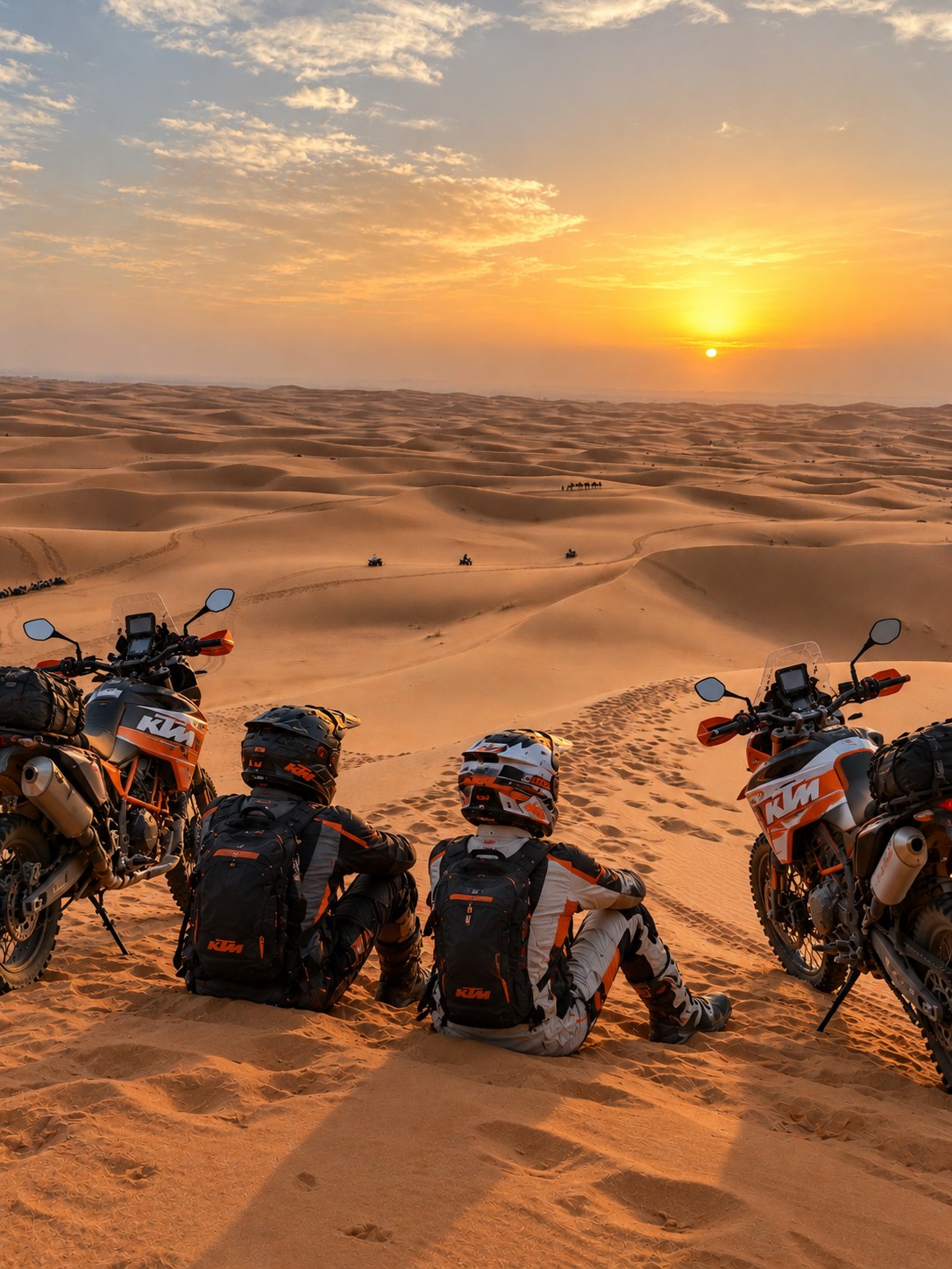 Mohamed and Elisa watching the Sahara Desert sunset on their Morocco motorcycle journey
